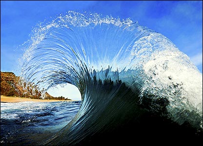 Wave.  Photograph of a wave with rather impressive energy.  This icon represents the wave energy captured by Dam-Atoll.